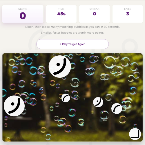 Trope catching game showing trope symbols inside floating bubbles — a timed game where players hear tropes and then try to maximize their score by clicking on the correct ones