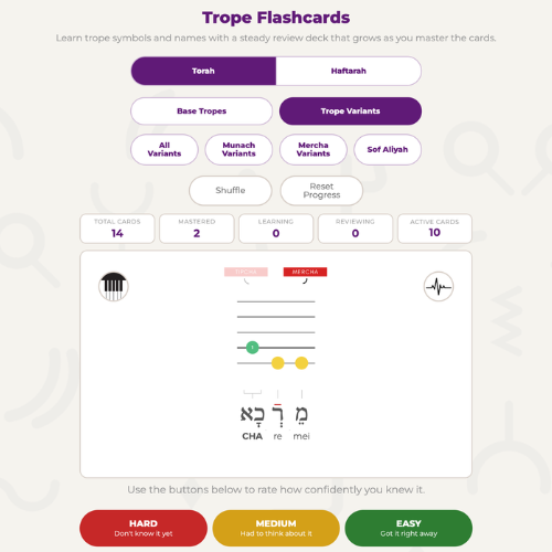 Trope on the Go flashcard system showing a melody map with trope marks, Hebrew text, and transliteration — with Hard, Medium and Easy self-rating buttons to track mastery