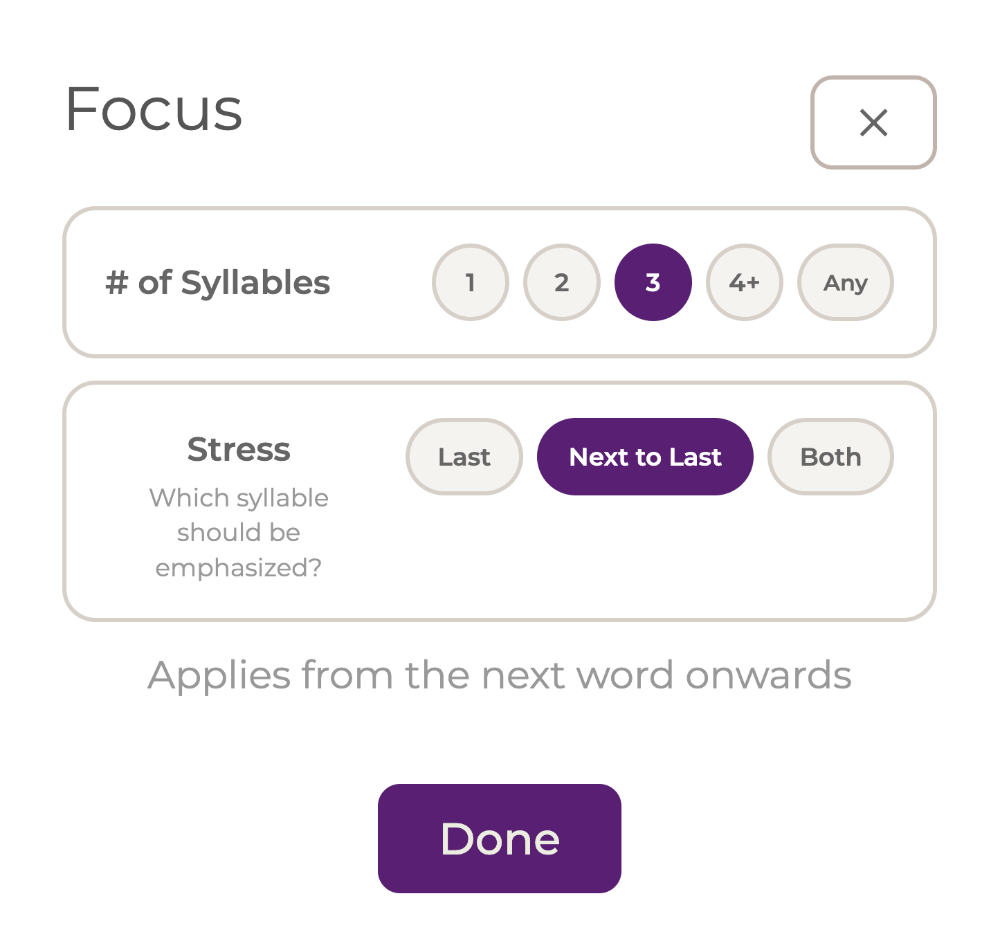 Focus modal with syllable count and stress filters