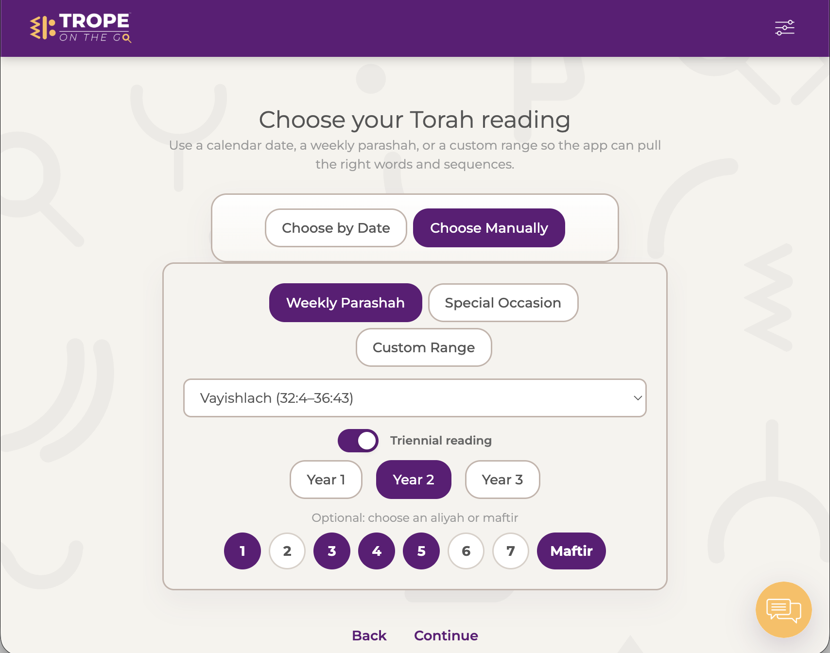 Reading selection screen in Trope on the Go™